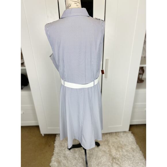 Tahari NWOT Blue White Pinstripe Sleeveless Collared Belted Shirt Dress Size 16 - Picture 5 of 11